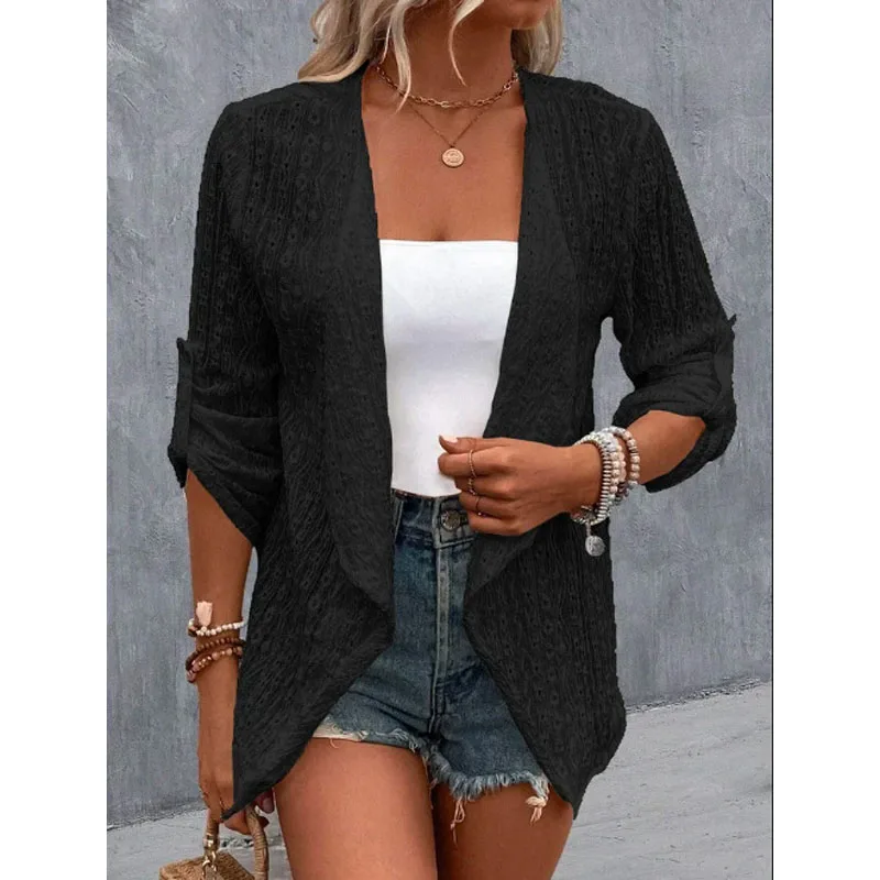 2023 New Autumn Fashion Trend Lace Jacquard Hollowed Out Temperament Casual Loose Solid Color Simple Women's Versatile Cardigan