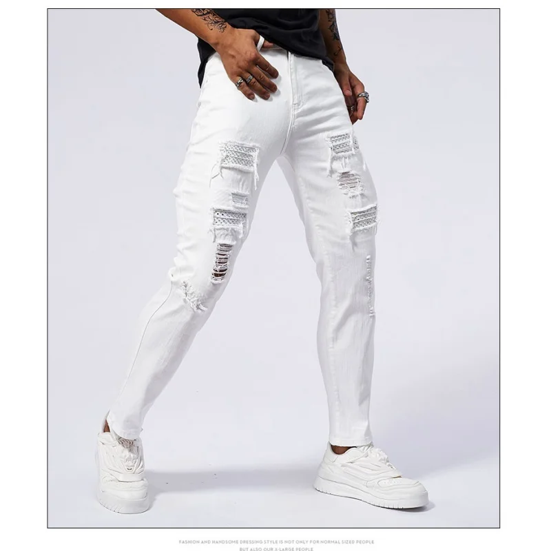 Rhinestone White Jeans with Men's Broken Hole Patch Design for Street Fashion High end Slim Fit Small Foot Elastic Tight Pants