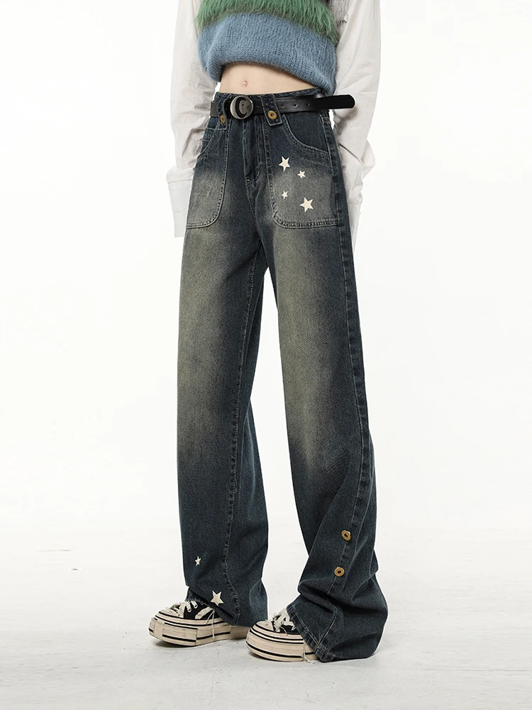 

Retro Wash Stars Print Women Harajuku Jean Trousers High Waist Loose Wide Leg Denim Pants Female American Style Streetwear Chic