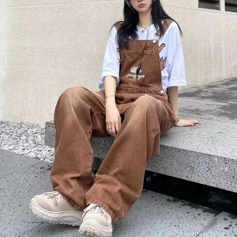 

Brown embroidered suspenders female outdoor artist sketching cargo pants spring summer loose straight jeans one-piece trousers