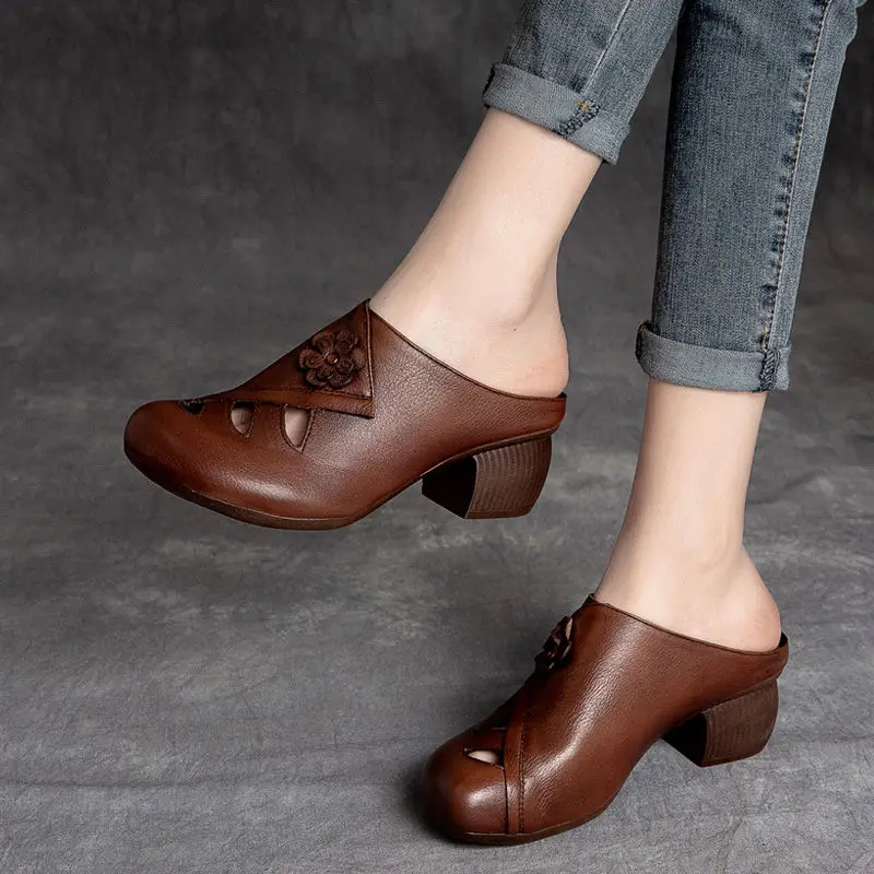 

New Retro Women Slippers Soft Shoes Close Toe High Heels Slides Black Mules Flip Flops for Summer Medium Heel Slides