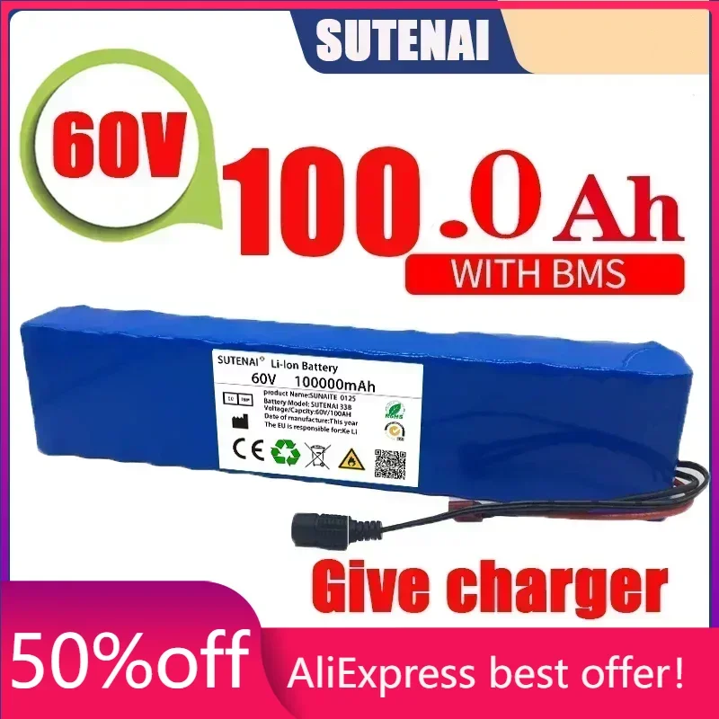 

New Electric Bike 60V 100000mAH100Ah 16S2P 18650 Lithium Ion Battery Pack E-Bike Scooter With BMS + 67.2V Charger