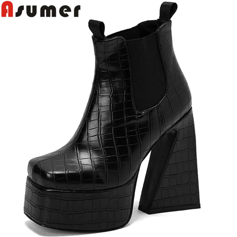 

ASUMER 2022 Plus Size 35-46 New Arrive Pu Slip On Ankle Boots Thick High Heels Boots Woman Ladies Platform Shoes