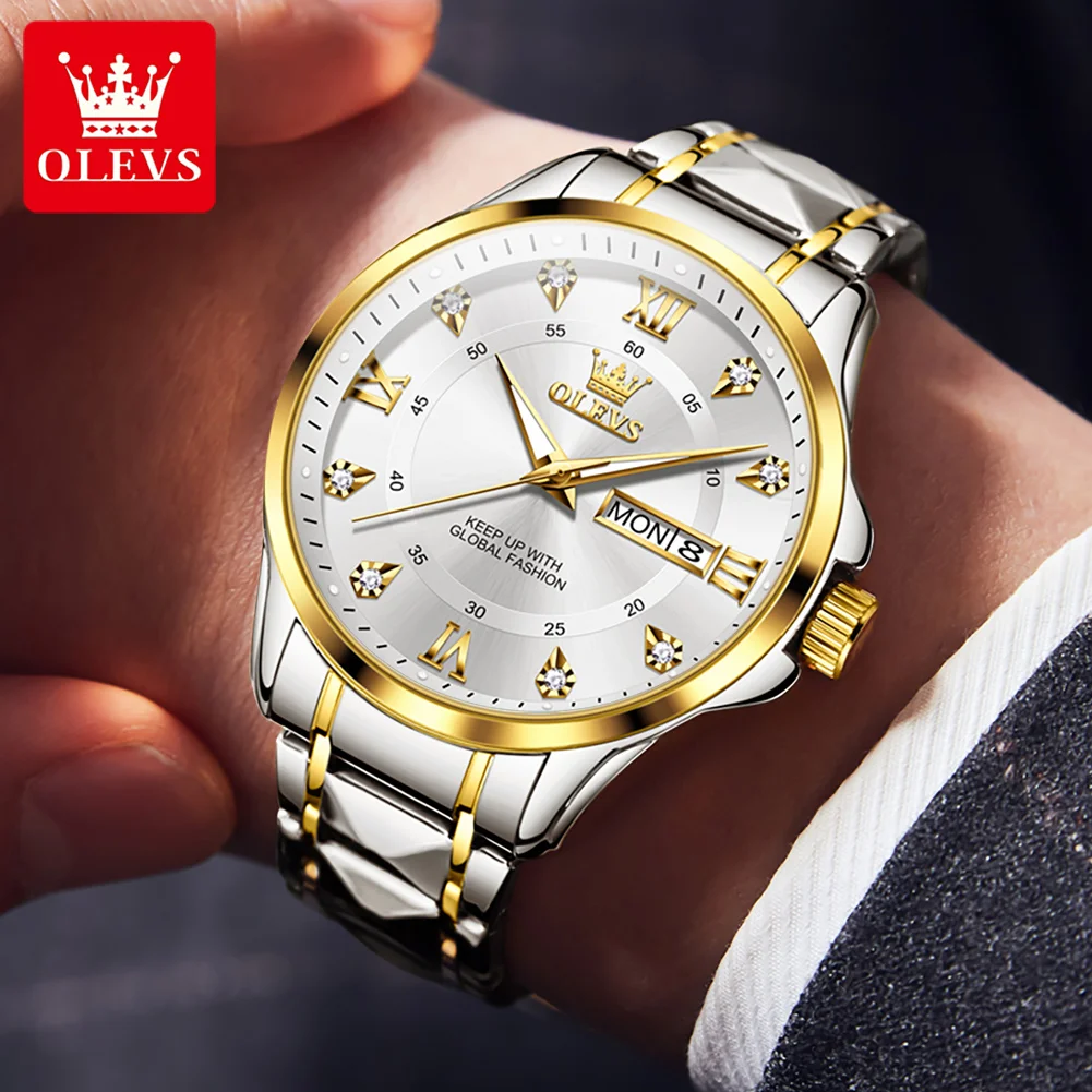 OLEVS Luxury Men Quartz Watch Waterproof Date Week Luminous Wristwatch Stainless Steel Men's Watches Male Clock Sports Reloj