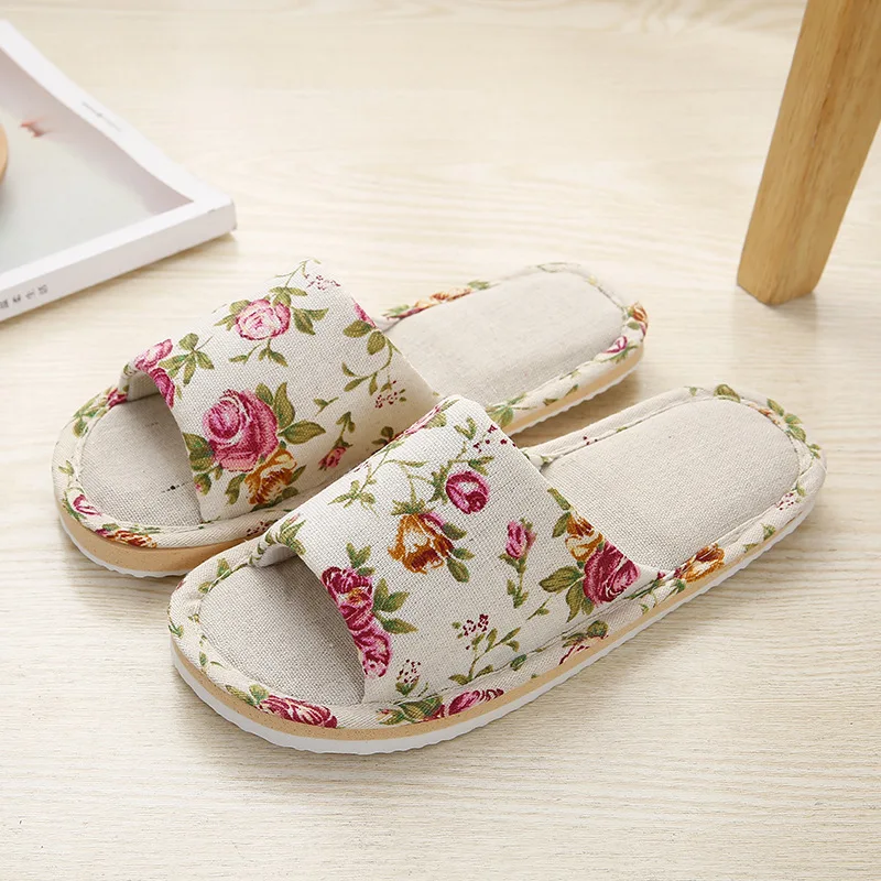 Four Season Linen Home Slippers Women Autumn Indoor Casual Floral Slides Couples House Non-slip Sandals Adults Cartoon Cat Shoes 6
