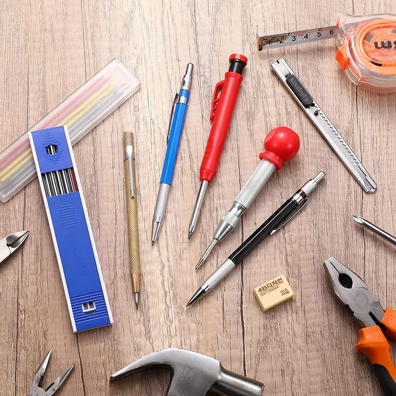 Construction Woodworking Tool Set Solid Carpenter Pencils with Marker Refills and Carbide Scriber Tool Automatic Center Punch