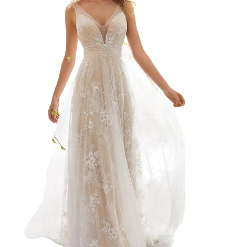 H009 Long Wedding Dress Lace V-Neck Open Back White Sleeveless Slim Fit Fashion Limited discount for muslim women cheap modest