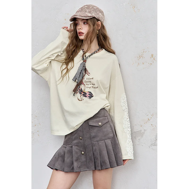 ELFSACK 2025 Women's Casual Loose Fit round Neck Long Sleeve Tee Rabbit Print New Autumn Arrival 4