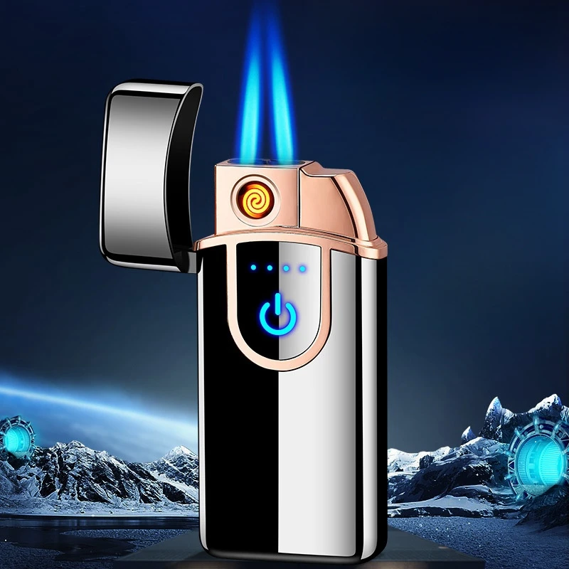

Metal Gas and Electric Dual-Use Cigar Lighter Plasma USB Charging Double Straight Flush Blue Flame Cigarette Lighter Men's Gift