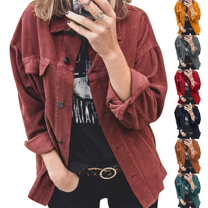 

2024 Autumn/Winter Corduroy Button Up Cardigan Long Sleeve Lapel Loose Thickened Shirt Women's Wear