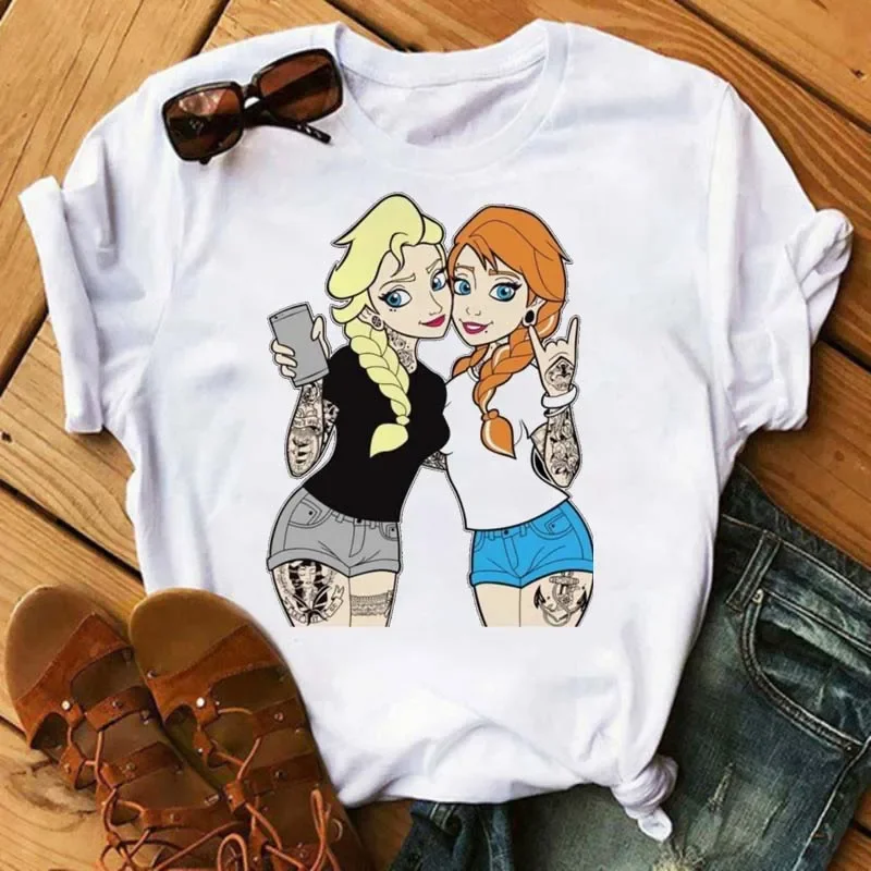 thumbnail image 1 of Nuevas camisetas de moda para mujer, camiseta con estampado de princesa Punk, ropa de manga corta, camiseta Kawaii de Disney, camisetas para mujer, ropa de calle, 1 of 5