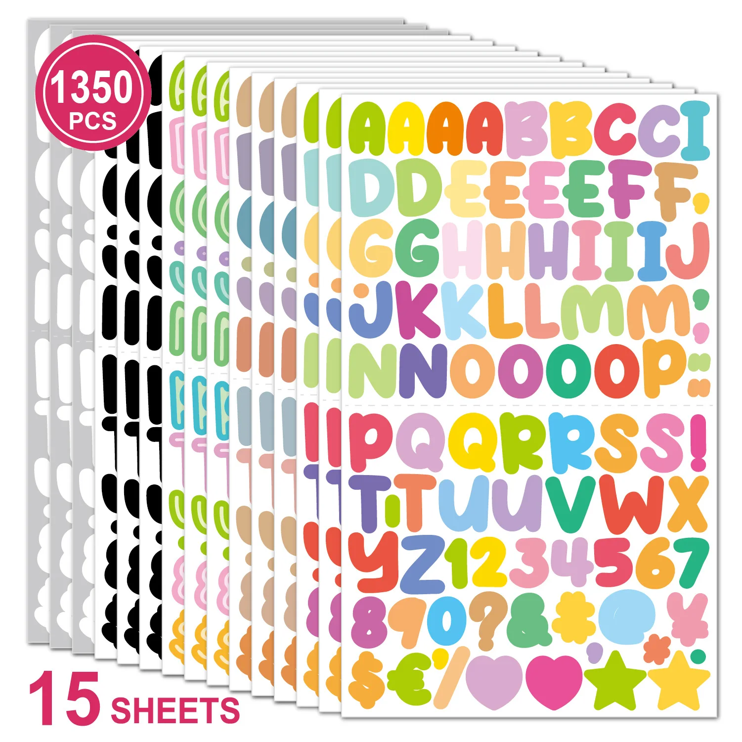 

1350pcs/15 sheets Cartoon Alphabet Stickers Adhesive Letter for Bottle DIY Craft Art Making Scrapbooking Journal Diary Notebook