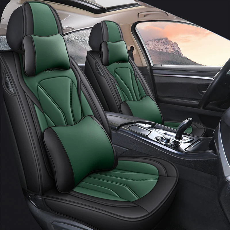

Car Seat Covers Full Set Waterproof Leather Universal For Honda Civic CRV Hrv Kia Sorento Seat Cushion Auto Parts (Black-Green)