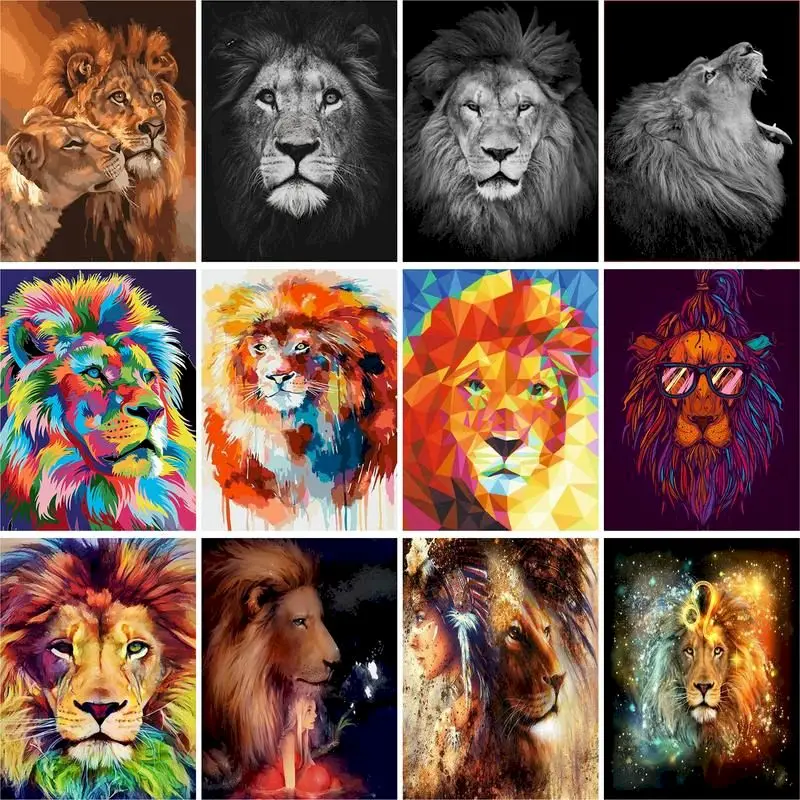 Gatyztory DIY Painting By Numbers Lion Animals Oil Painting HandPainted