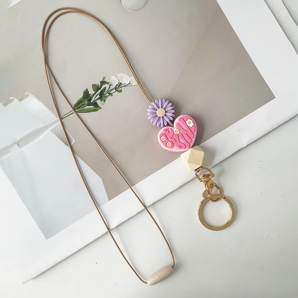 여성용 패션 실리콘 비즈 데이지 키체인 랜야드, 귀여운 재미있는 꽃 펜던트 키 액세서리, 열쇠 고리 선물