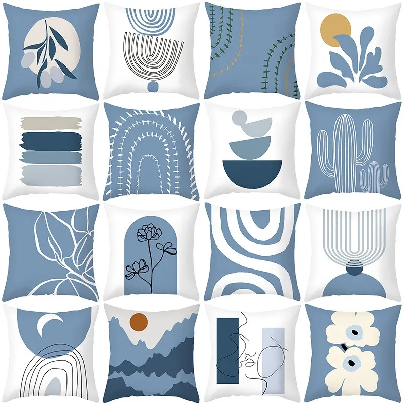 

Nordic Simple Blue Flower Cushion Cover Geometric Abstract Pillowcase Solid Color Painting Pillow Cover Ins Style 45x45cm F289