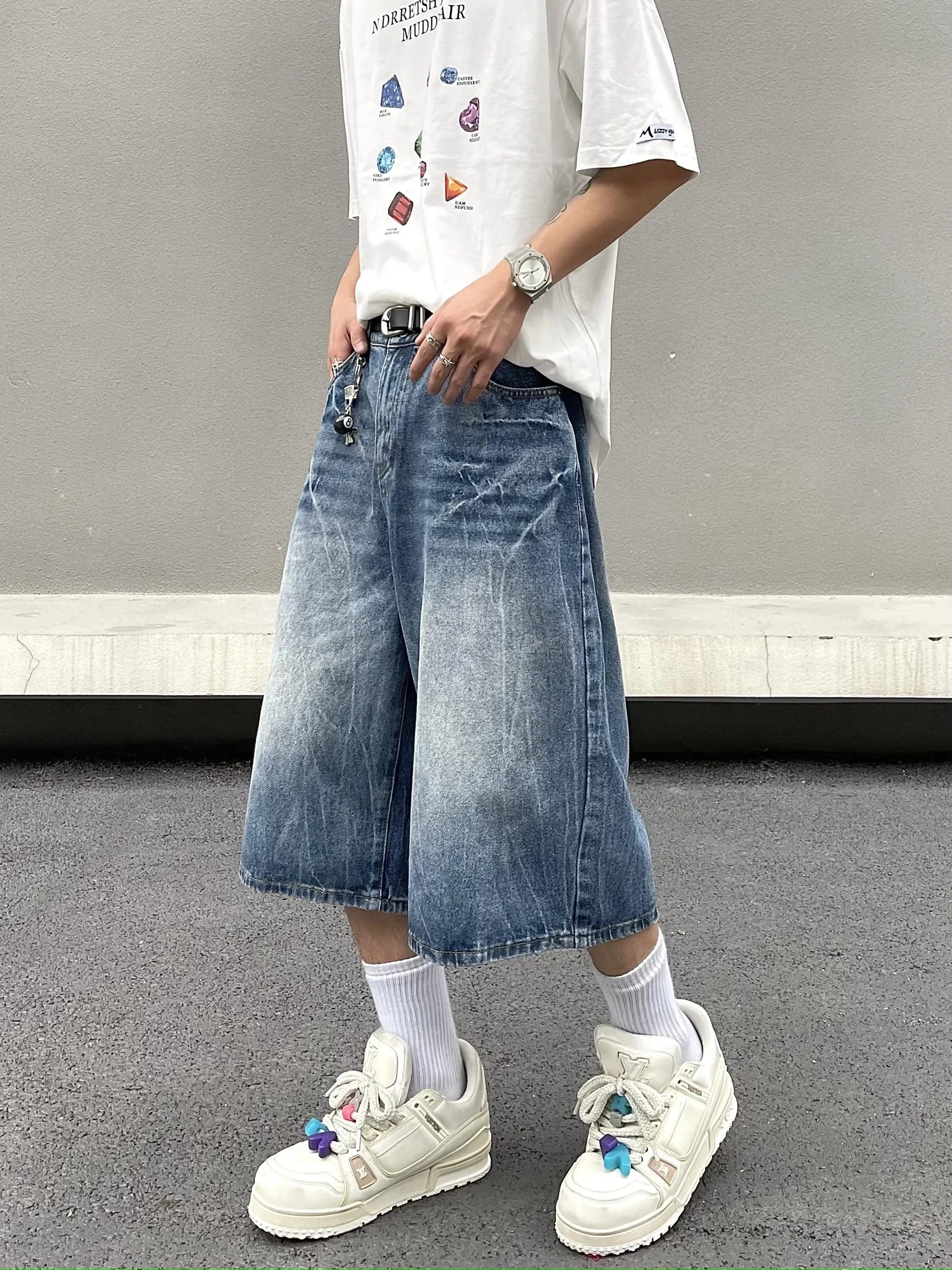 Lightning Patterned Jorts Loose Cropped Denim Shorts for Men Women's Y2k Distressed Calf-length Pants 2