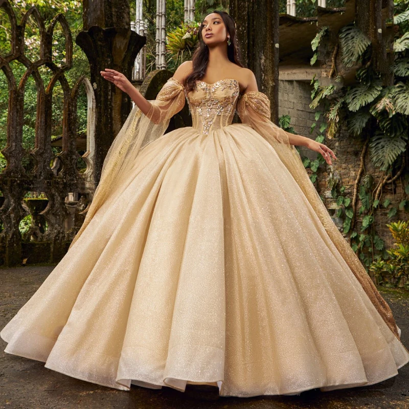 

Sparkly Gold Quinceanera Dresses 2024 XV Ball Gown Lace Beads Crystal Tull Princess Sweet 16 Dress Birthday Party Vestido De 15
