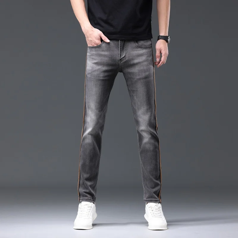 Sports Line Design Jeans Grigi Da Uomo Eleganti Semplici E Versatili Street Straight Slim Fit Stretch Feet Pants