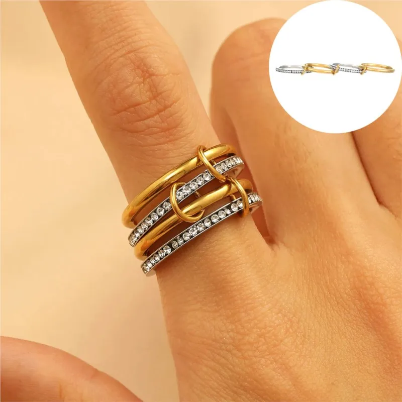 316L Stainless Steel Mixed Color Inlaid Zircon Stacked Ring for Women Vinatge Elegant Waterproof Rings Party Jewelry Gifts