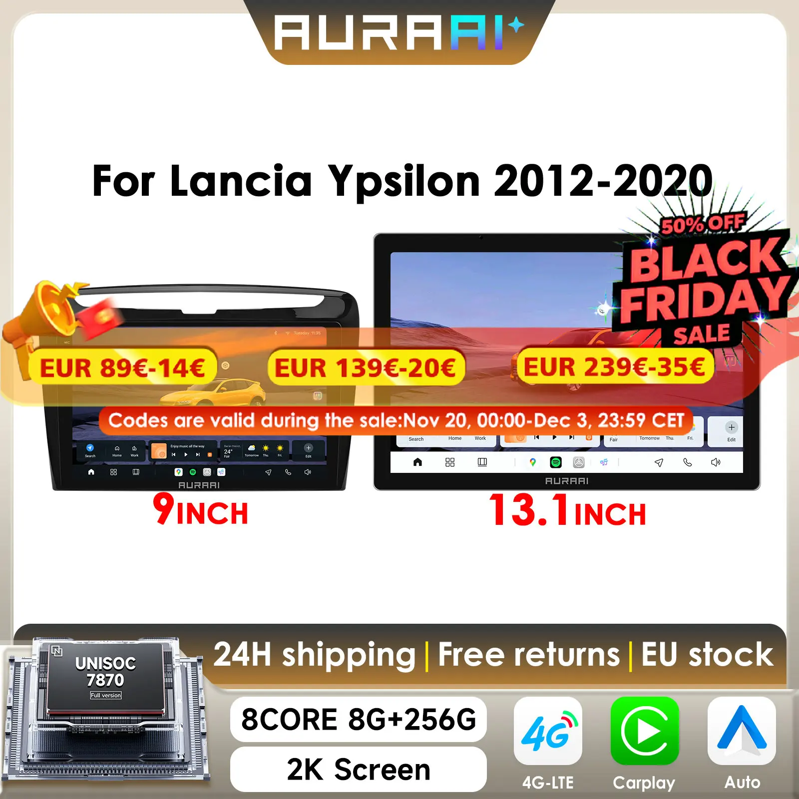 AURAAI X100 Android 13 Intelligentes Autoradio für Lancia Ypsilon 2012-2020 Carplay Dual Mic DSD ADAS 360 Kamera 2K Bildschirm UIS7870
