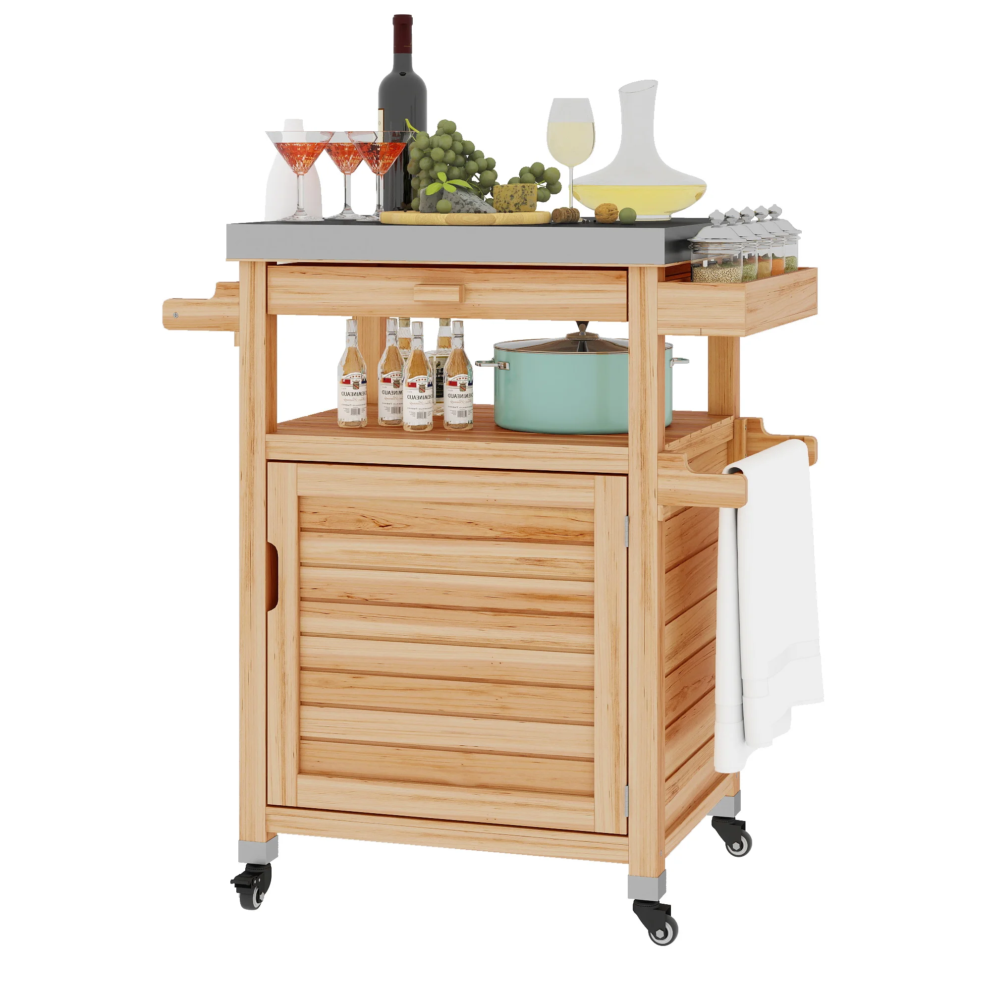 Movable Solid Wood Grill Cart Outdoor Storage Patio Table W/ Stainless Steel Top