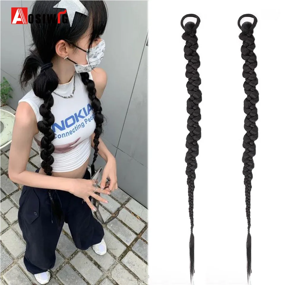 

Boxing Braids Strap Synthetic Chignon Tail With Rubber Band Hair Ring Crochet Braid Hair Ponytail Extensions Black