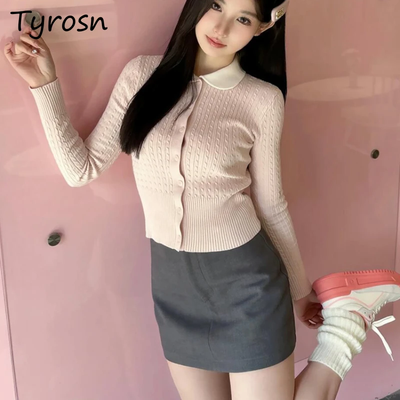 

Women Cardigan Women Single Breasted Autumn Tender Peter Pan Collar Knitting Slim Long Sleeve Korean Style Elegant Sweet Popular