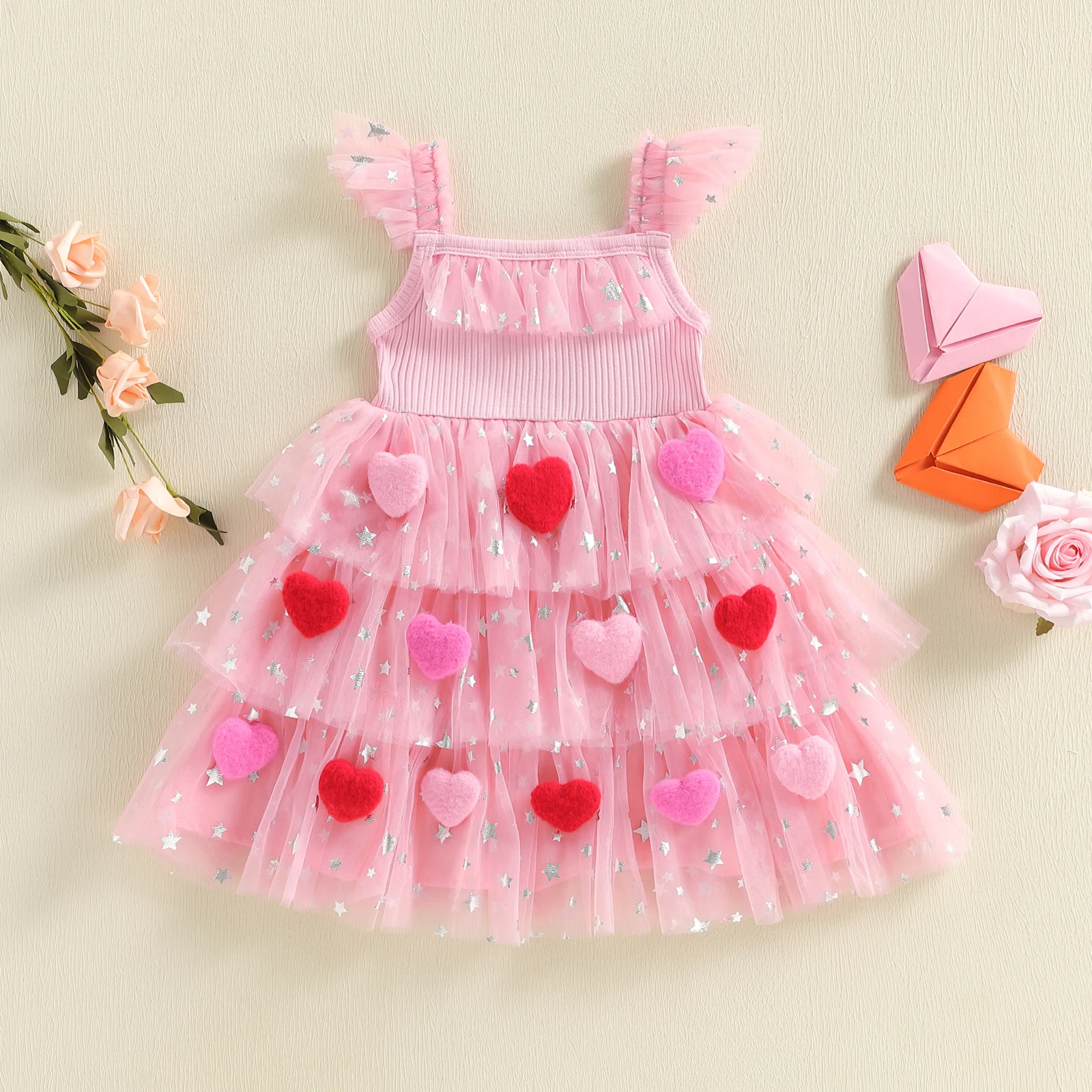 Girls Sequin Embellished Tulle Dress with Ruffle Sleeves and Square Neckline Heart Appliques Star Print A Line Dress