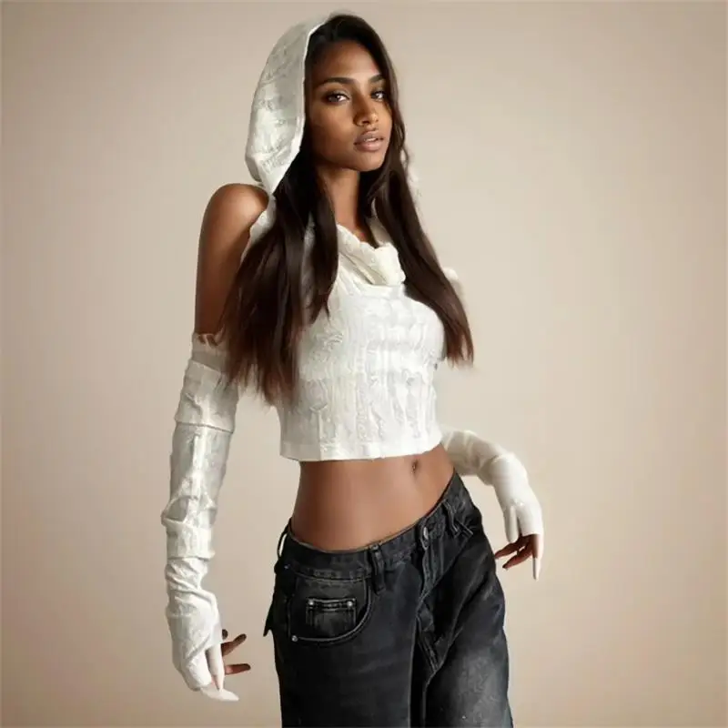 Sexy Hole Oversleeve Crop Top Women Aesthetic Black T-shirts Y2K Retro Hooded Tops Streetwear Punk Tee Shirt Summer