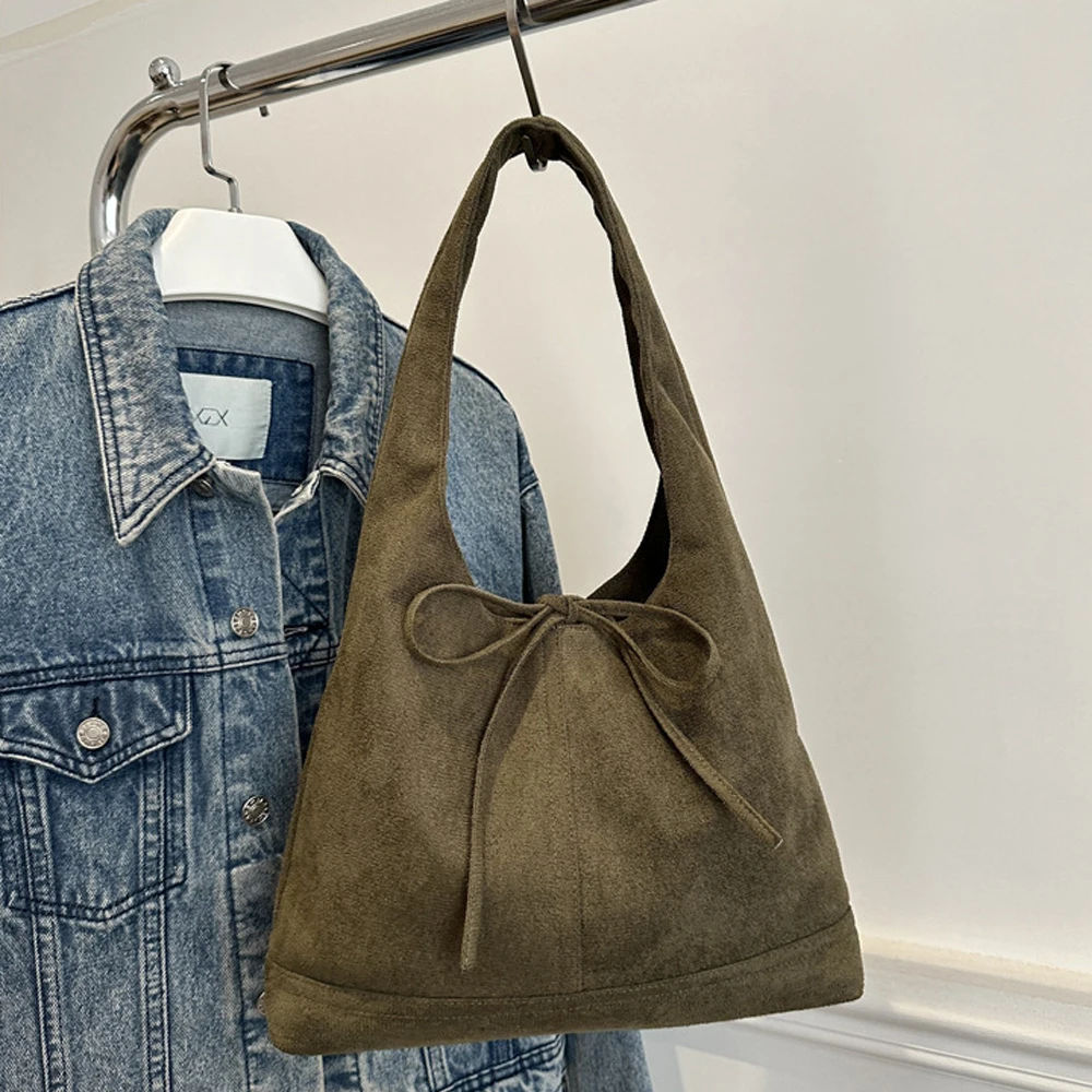 Vintage Suede Tote Bag Large Capacity Fashion Shoulder Casual Solid Handbag Autumn Winter Bucket Underarm Bags for Women