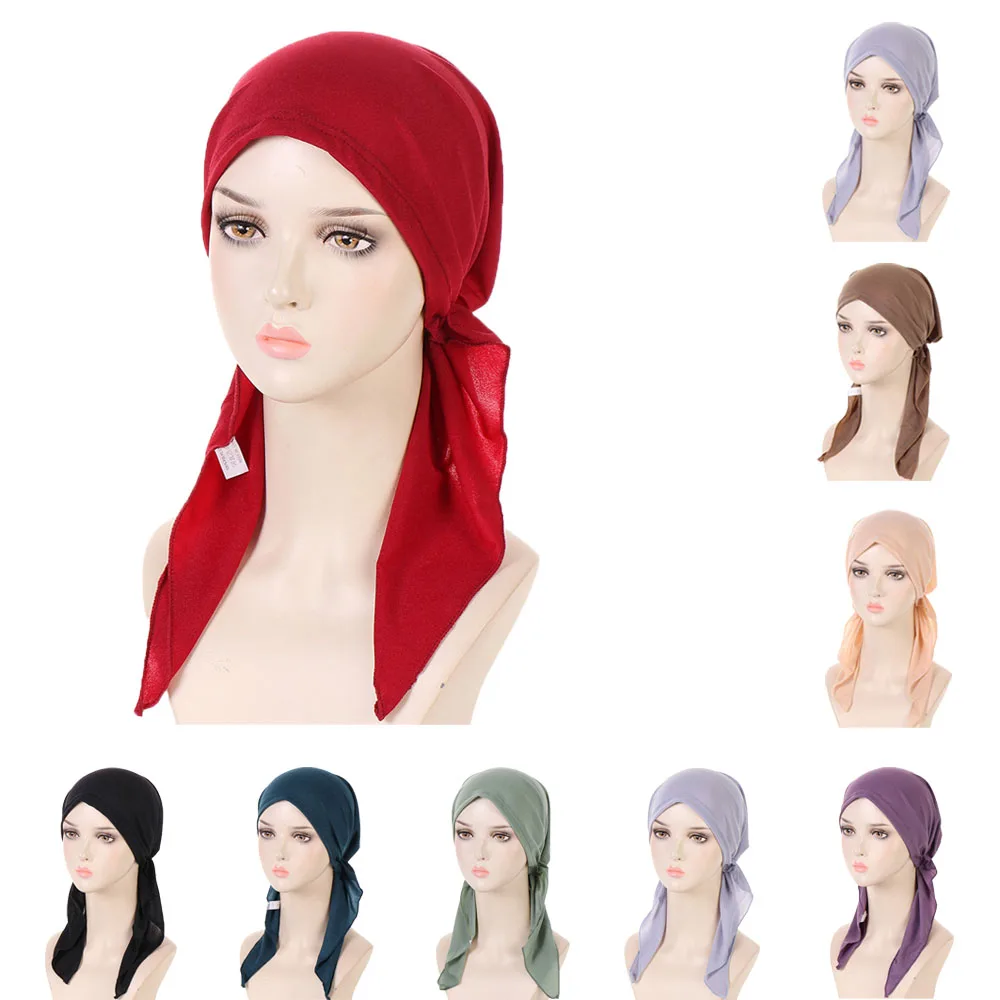 

Muslim Inner Hijab Turban Women Pre-Tied Cap Long Tail Headscarf Wrap Beanies Bonnet Head Scarf Stretch Ninja Hat Turbante Mujer