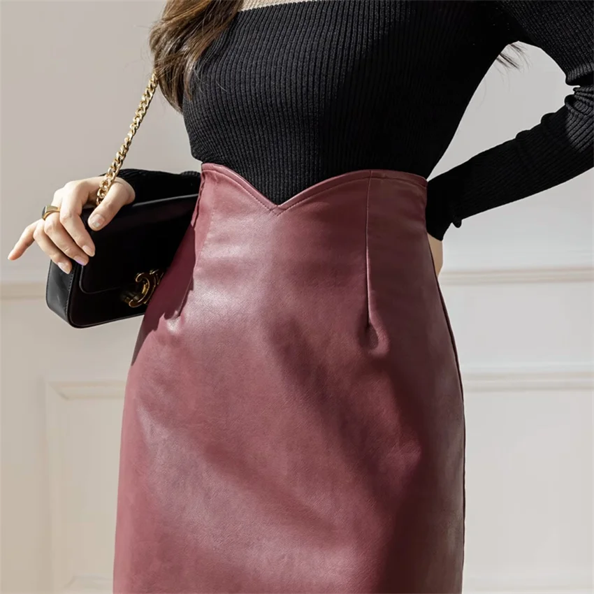 

Осенние Универсальные женские юбки Gowyimmes 2023, облегающие Женские юбки средней длины из искусственной кожи с завышенной талией, юбки, облегающие бедра P1657