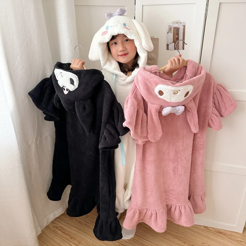 

Cute My Melody Kuromi Kids Bathrobe Anime Cinnamoroll Soft Quick Drying Bath Towel Girl Dry Hair Cap Pajamas Dress Homewear