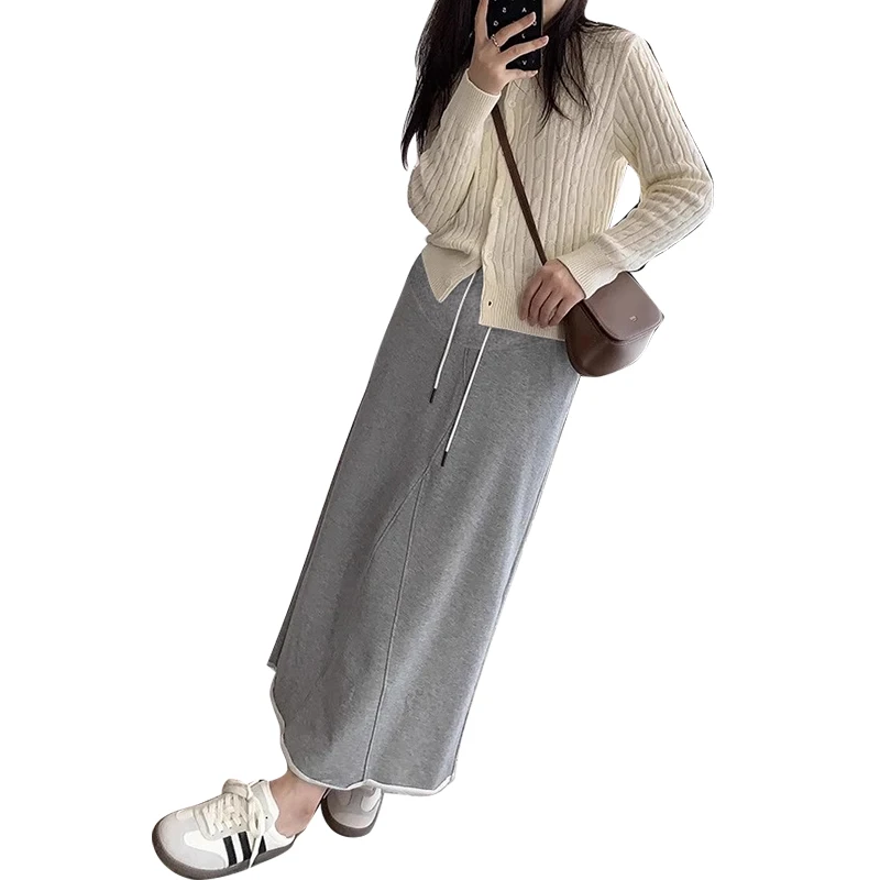 Good Quality Korean Style Pregnant Women Long Skirt Drawstring Waist Loose Casual Maternity Cotton Step Skirts Back Split Skirts