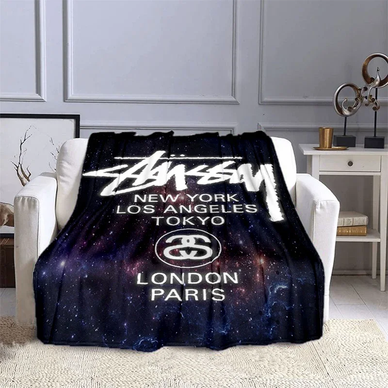 

Trendy S-Stussy 3D printed flannel blanket, home office leisure sofa blanket,multi-functional travel warmth blanket,gift blanket