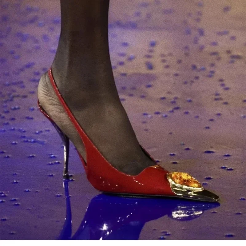 Star style Gemstone Metal Toe Patent Leather Women Pumps Fashion Stiletto High heels Spring Autumn Slingbacks Party Dress Shoes