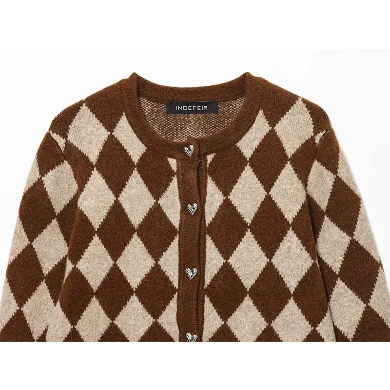 Vintage Casual Chic Women Sweater Argyle O-Neck Long Sleeve Pockets Knitted Cardigans Fashion 2025 Autumn Winter Sweater