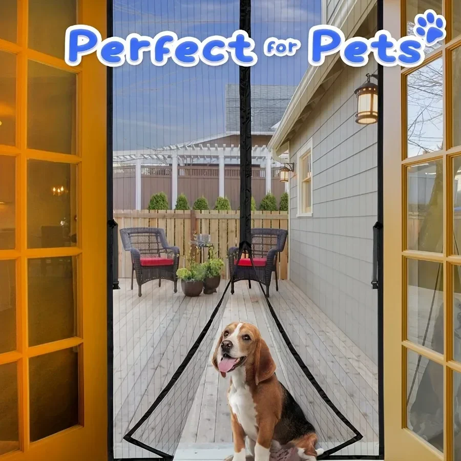 Magnetic door curtain self sealing hands-free mesh partition preventing insects from entering pet and child friendly