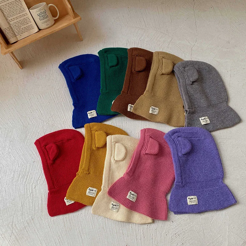 Korean Cute Bear Ear Baby Hooded Hat Winter Warm Knitted Ear Protection Balaclava Cap For Kids Girls Boys One Piece Scarf Cap 3