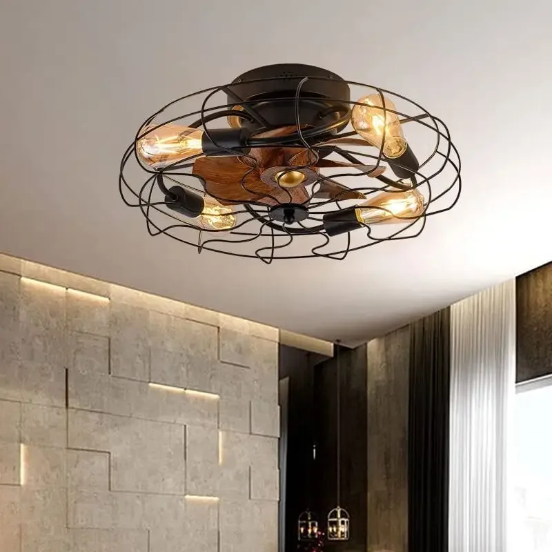 Cage Ceiling Fan with Lights Remote Control, Industrial Black Flush Mount Low Profile Ceiling Fan, Reversible Motor