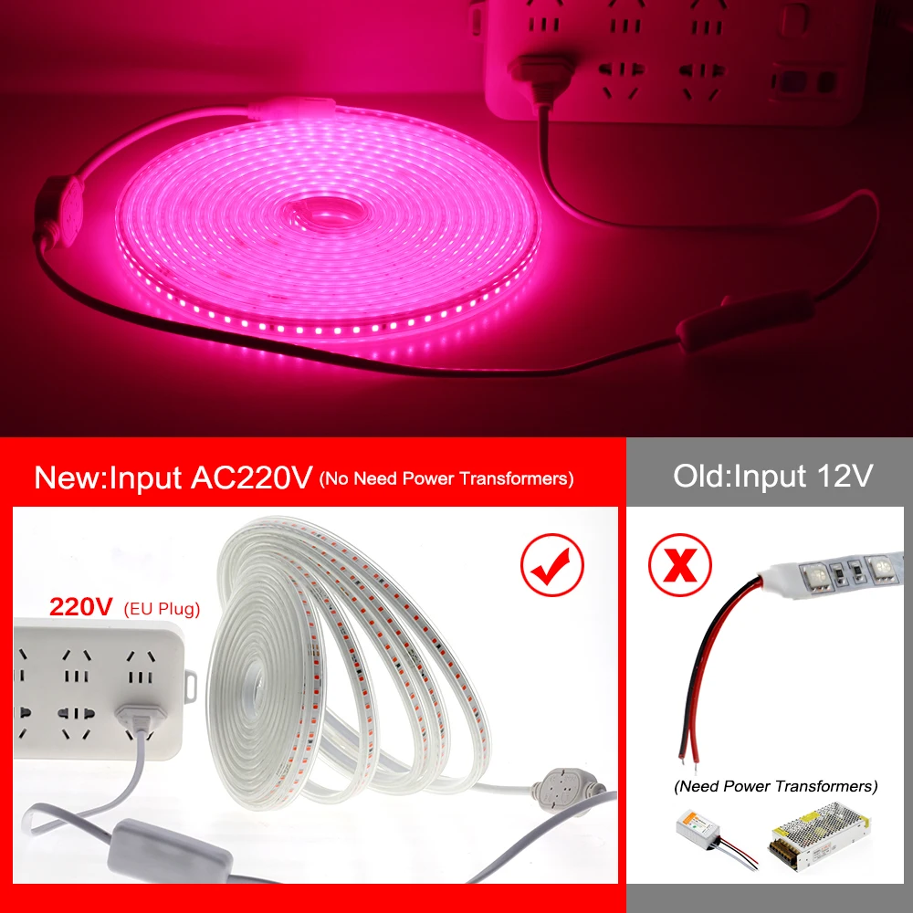 LED Grow Light 2835 Chip Waterproof Full Spectrum LED Strip 220V 120LEDs/M DIY Growth Lamps for Greenhouse Plant Growing