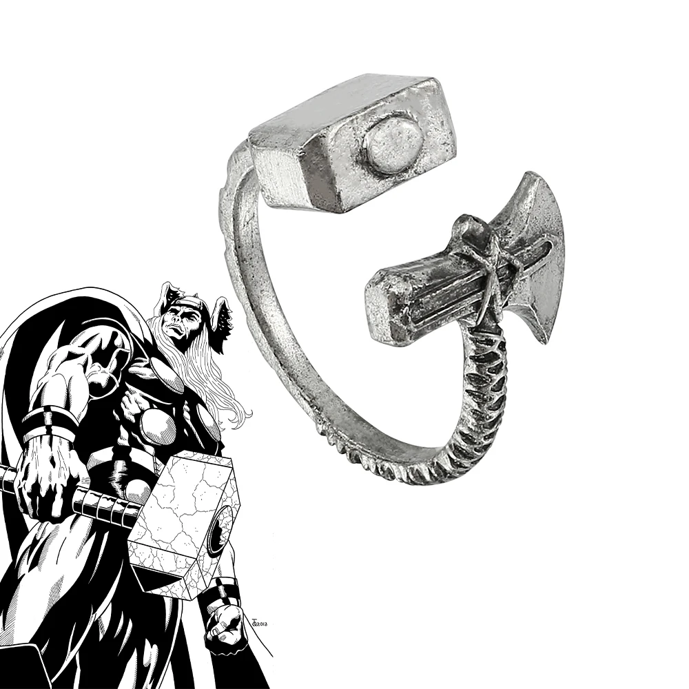 Disney Marvel Superhero Thor Ring Men Retro Finger Accessori Gioielli Per Feste Avengers Thor Hammer Stormbreaker Ring Fans Gift