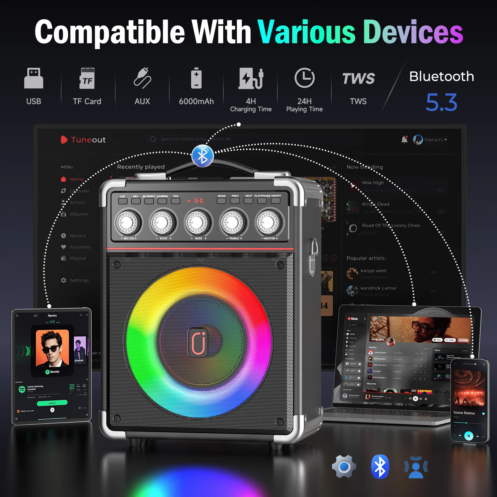 FanFun Karaoke Speaker Bluetooth Speaker with 2 Microphones and LED Light Portable Wireless Speaker Outdoor Party Speaker