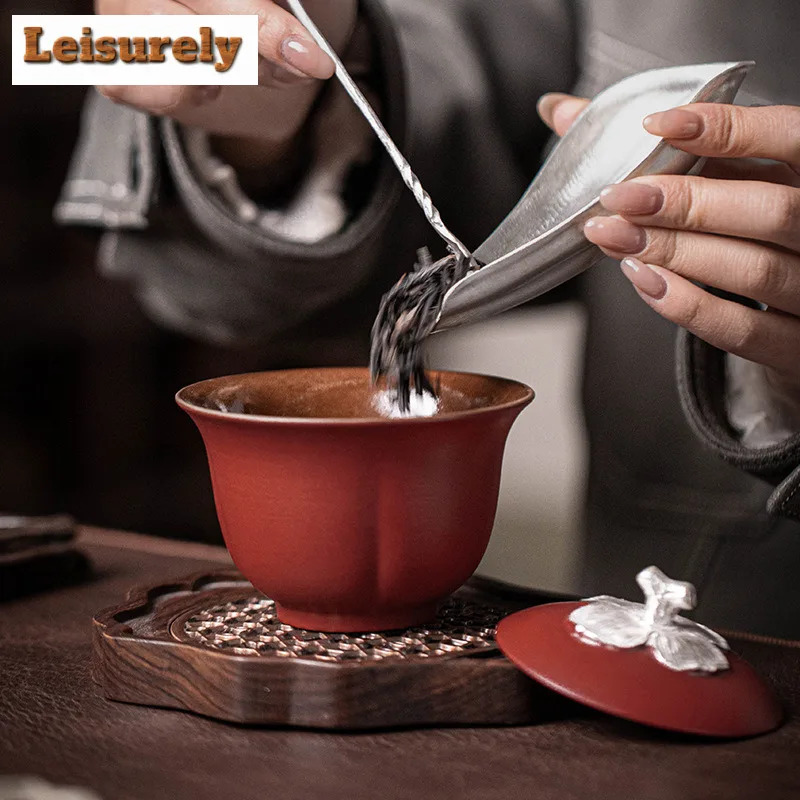 160ml Silver Persimmon Red Gaiwan Boutique Tea Tureen Tea Bowl With Lid Kit Tea Maker Cover Bowl Kung Fu Teaset Accessories Gift