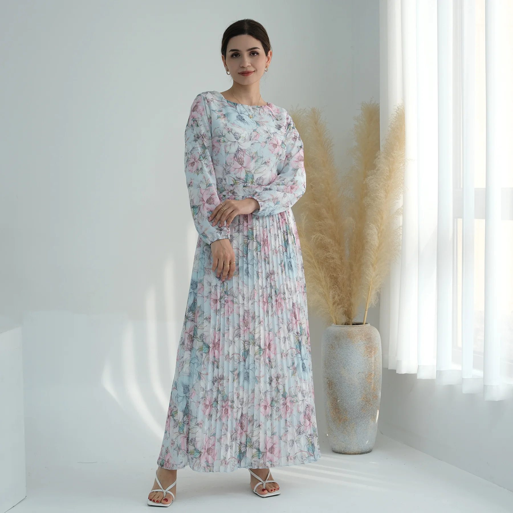 

2024 Summer Chiffon Long Dress Floral Print Pleated Frill Muslim Women Abaya Dubai Turk Hijab Robe Ramadan Eid Islam Clothing