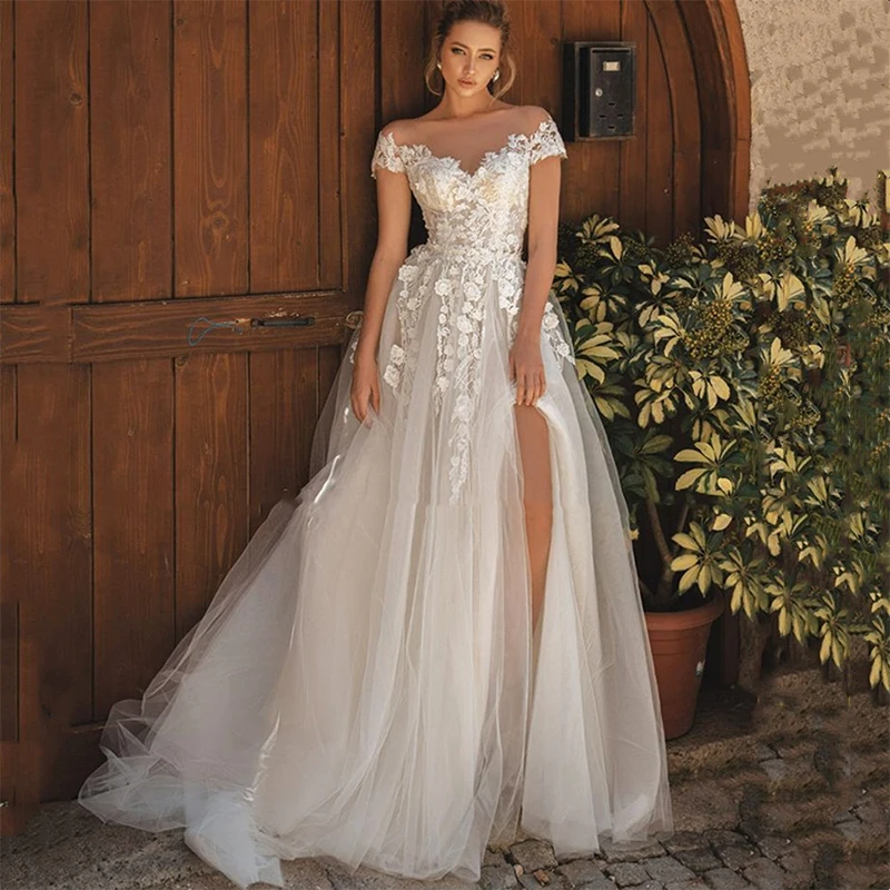 

Off Shoulder Bride Dress Sweetheart High Side Slit Wedding Dress 2022 Sexy Back Button Tulle Sweep Train Vestido De Novia