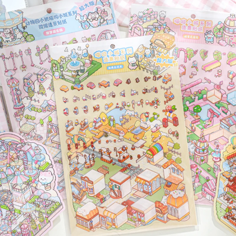 Mr. Paper 9 개/가방 동물 작은 클래스 야옹 작은 마을 시리즈 미니어처 장면 스티커 시각적 스태킹 스티커 편지지