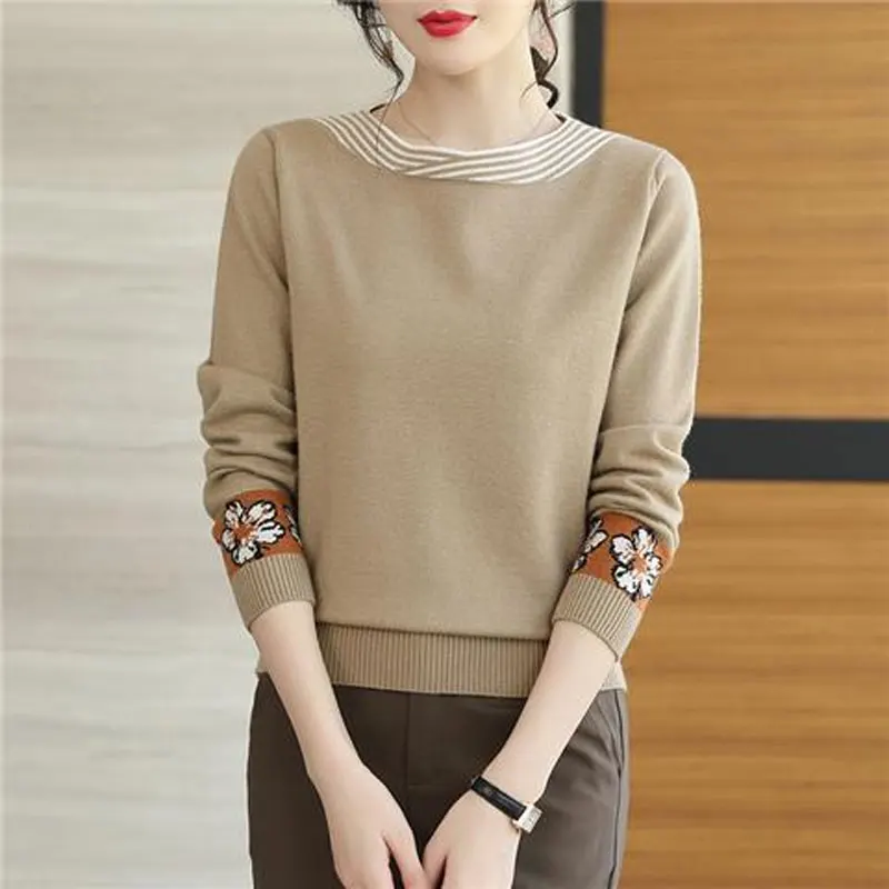 Женский трикотажный джемпер в полоску, повседневный Свободный джемпер с цветочным принтом, с круглым вырезом и длинным рукавом, в Корейском стиле, Осень-зима