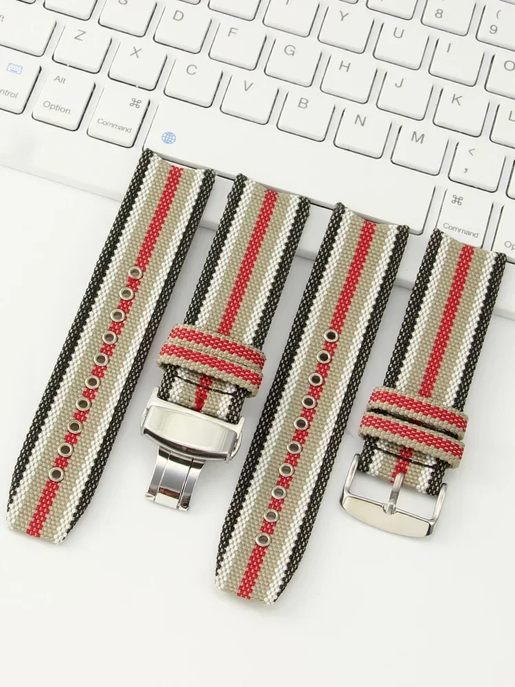 Men's Genuine Leather Cowhide Stripe Watch Strap in Nylon Canvas with Fold Buckle, 22mm